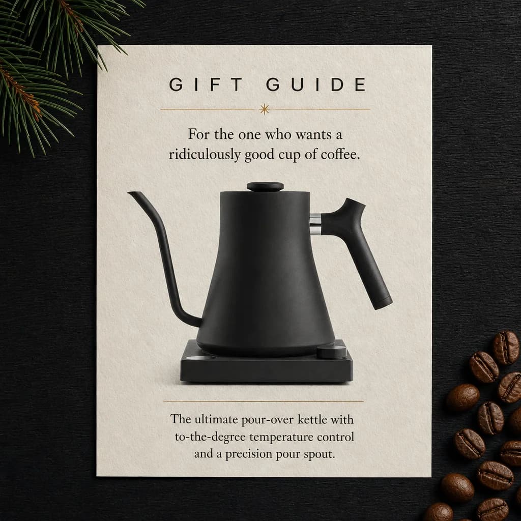 Gift guide card ad for the Fellow Stagg EKG kettle