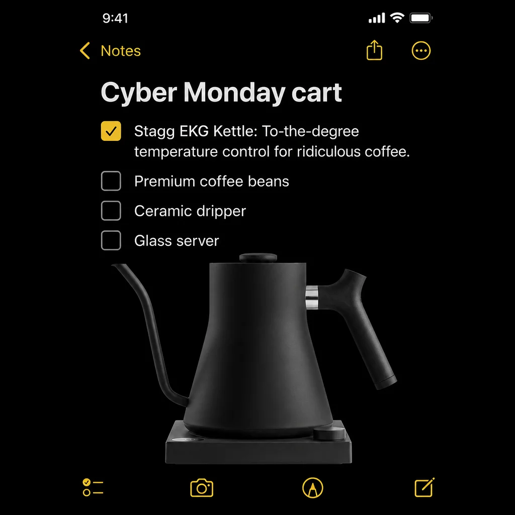 Cyber Monday notes app template example for a Black Friday kettle sale