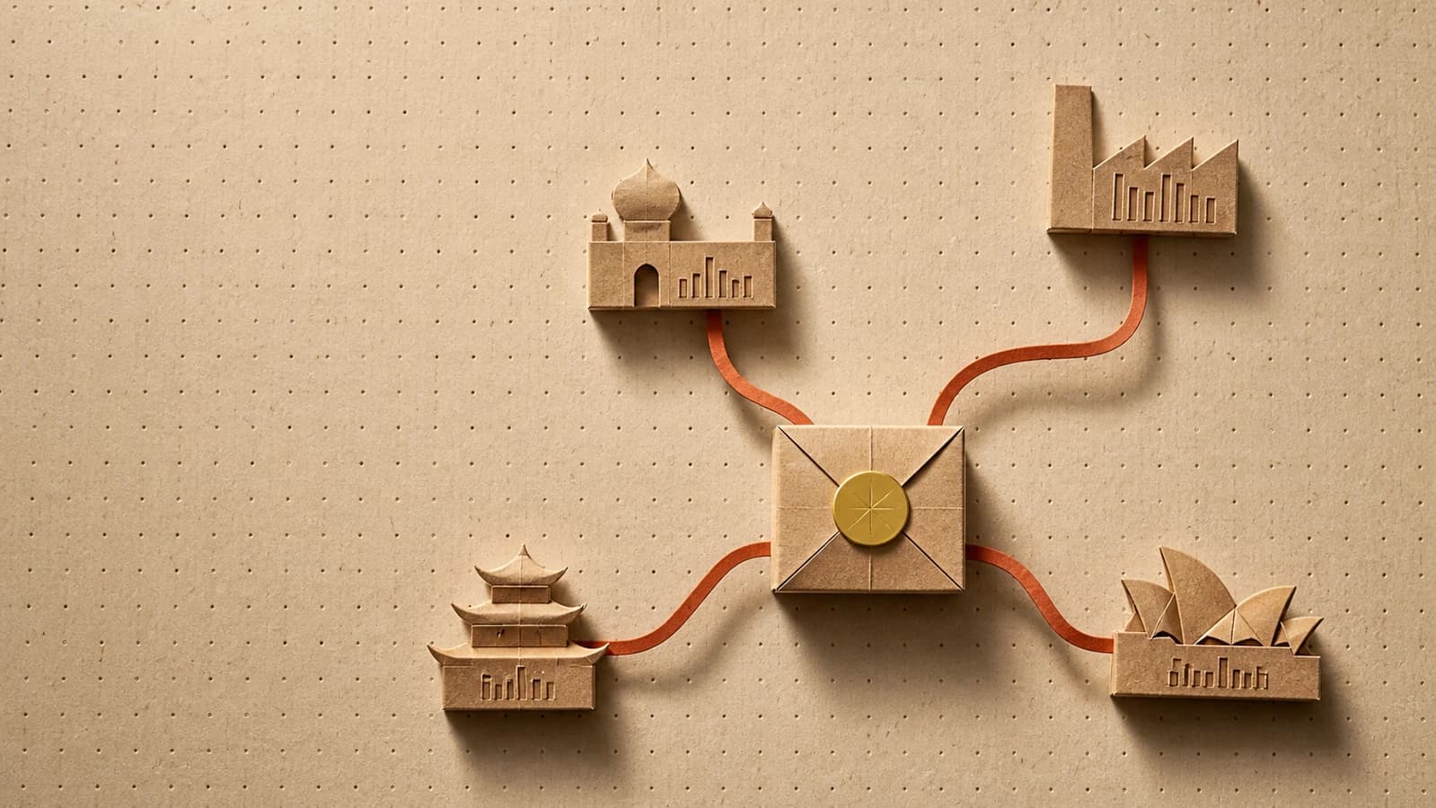 Editorial origami illustration for AI ad localization at scale: one campaign, every market, on-brand