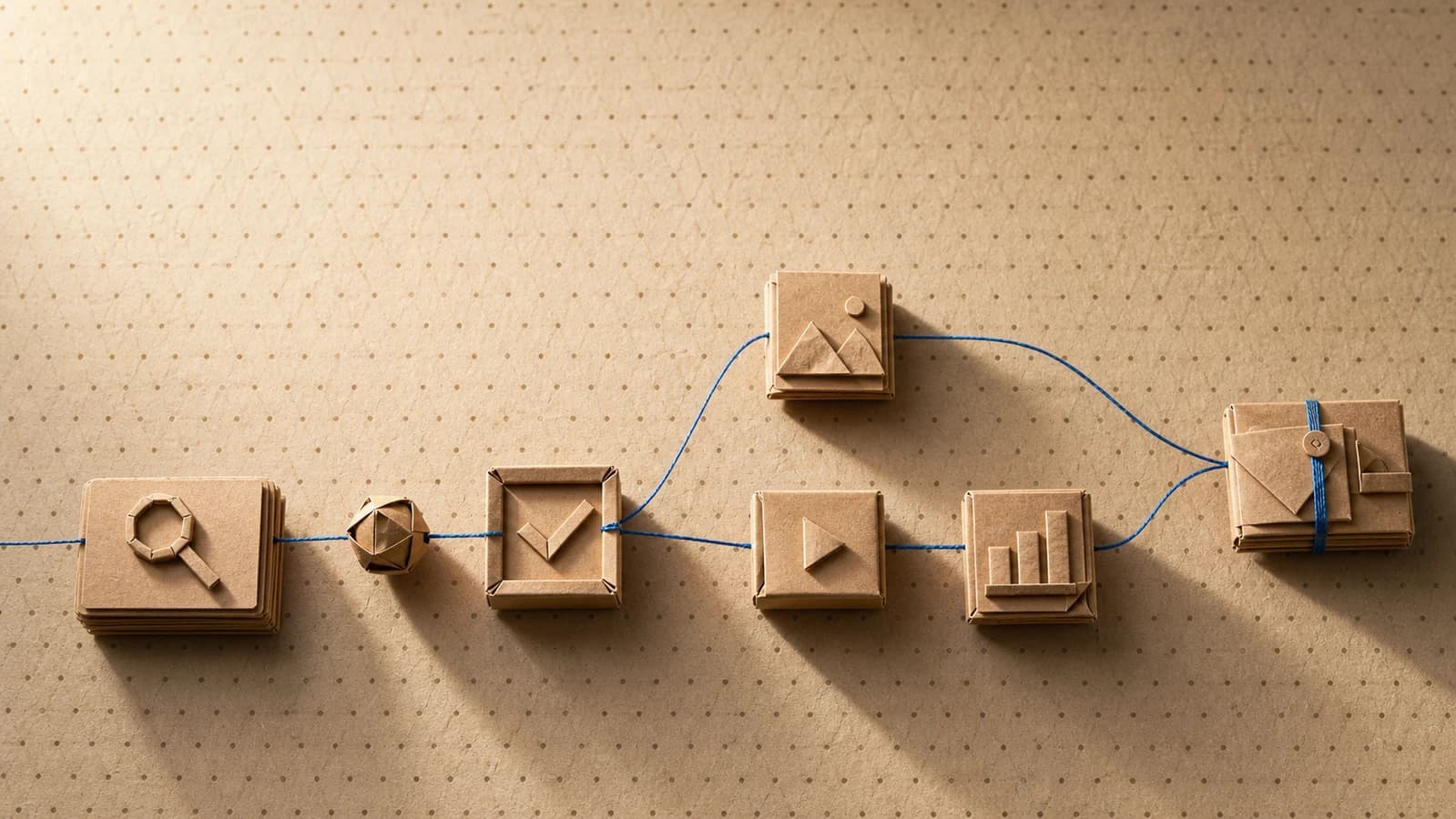 Editorial origami illustration for AI content agents: what they actually do for marketing teams