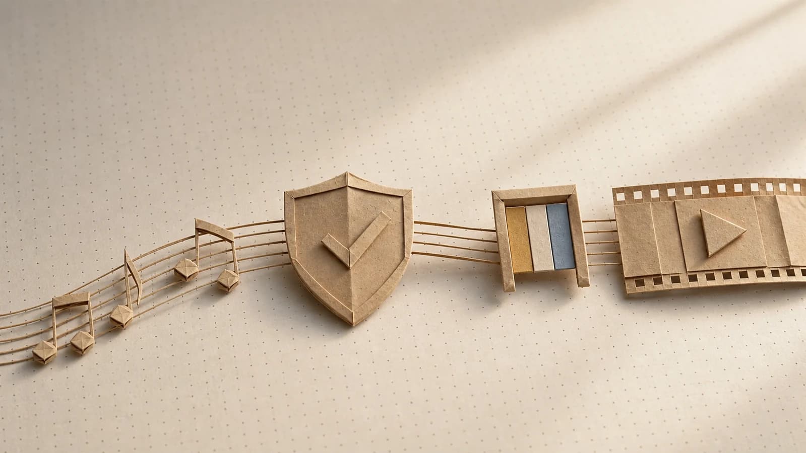 Editorial origami illustration for AI music for marketing videos: what's safe to use, and how to stay on-brand