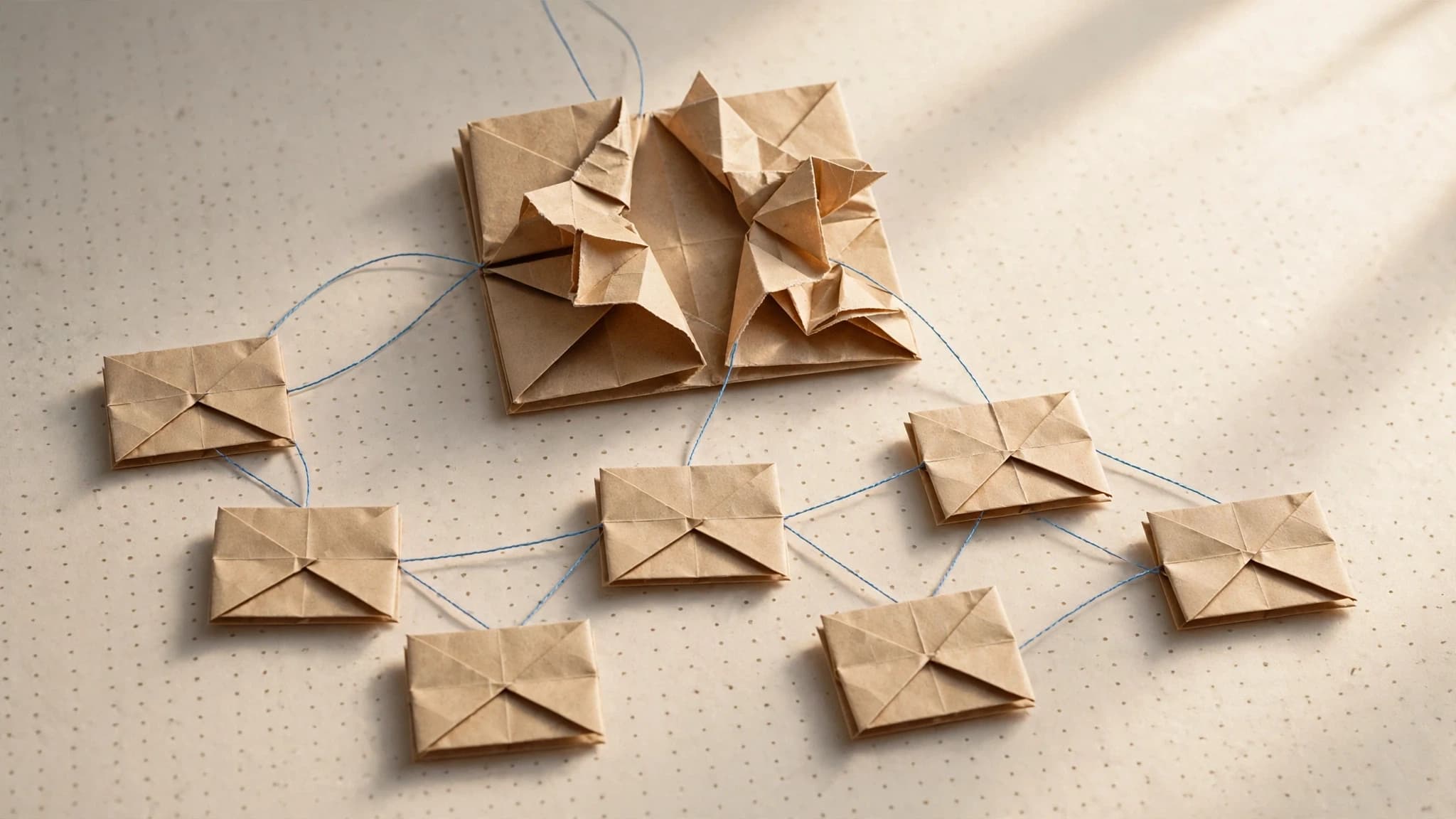 Editorial origami illustration for Turn one blog post into a week of social content with AI