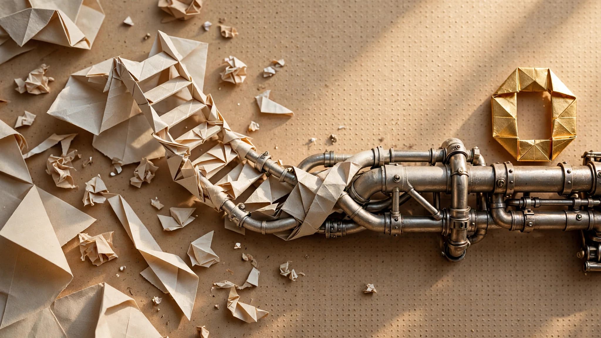 Editorial origami illustration for From prompt to pipeline: making AI content repeatable