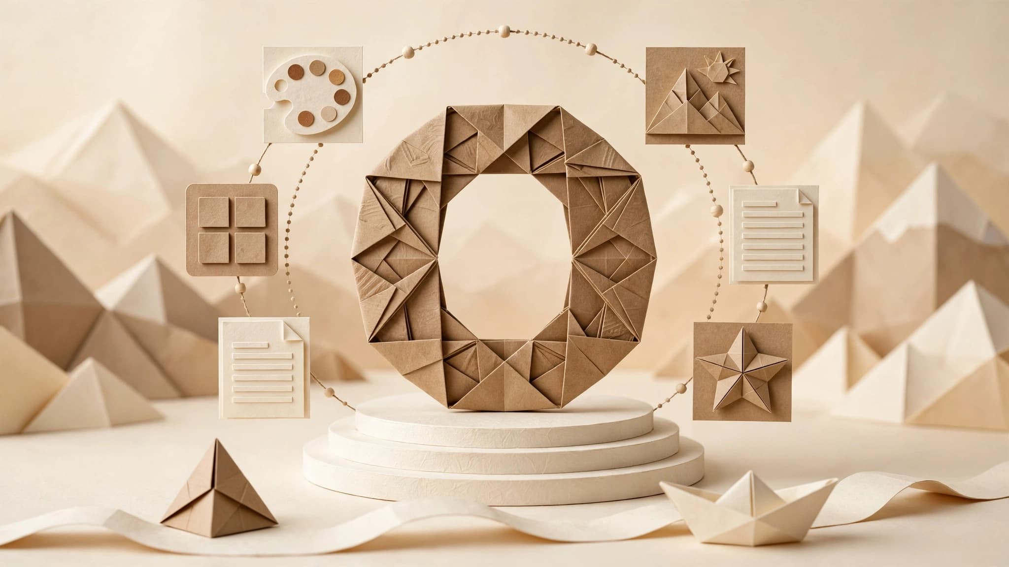 Editorial origami illustration for Introducing Orisu: the on-brand AI content canvas