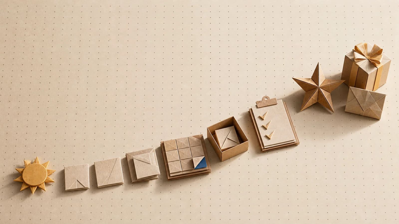 Editorial origami illustration for The Q4 holiday creative playbook: start your AI production line in July
