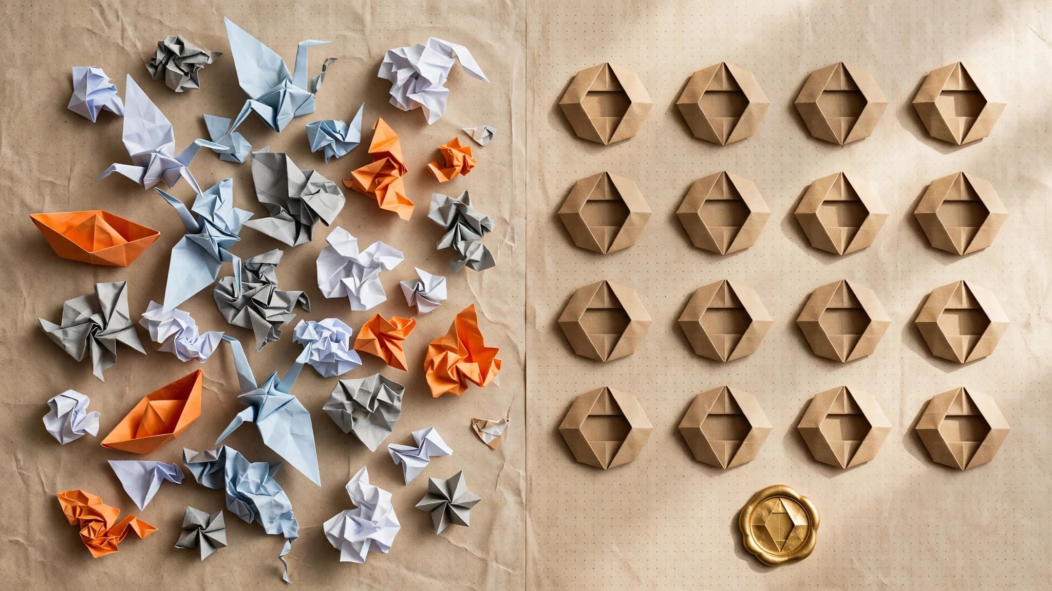 Editorial origami illustration for Why your AI content looks off-brand (and how to fix it)