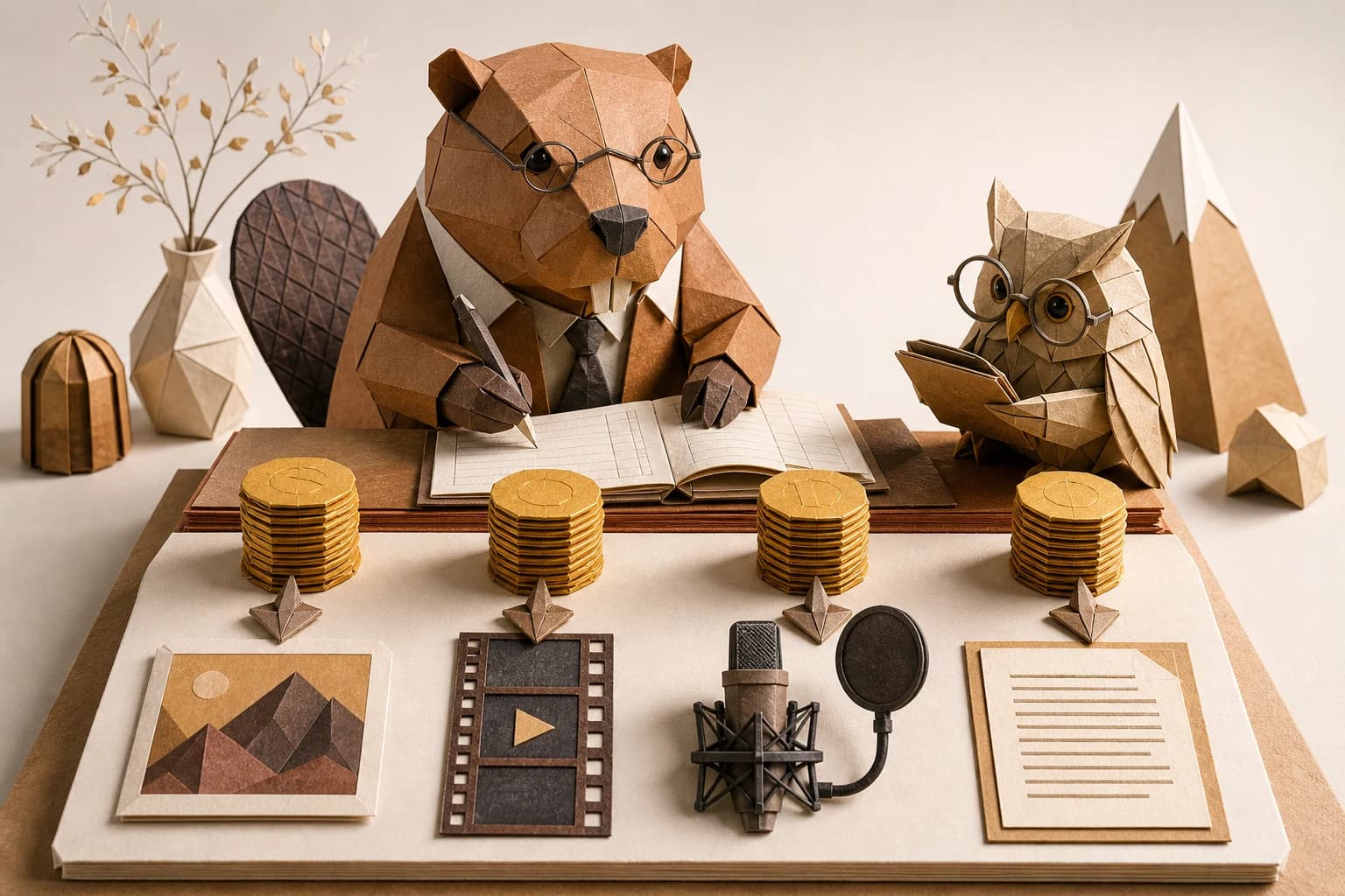Origami beaver and owl translating clearly counted credits into creative outputs