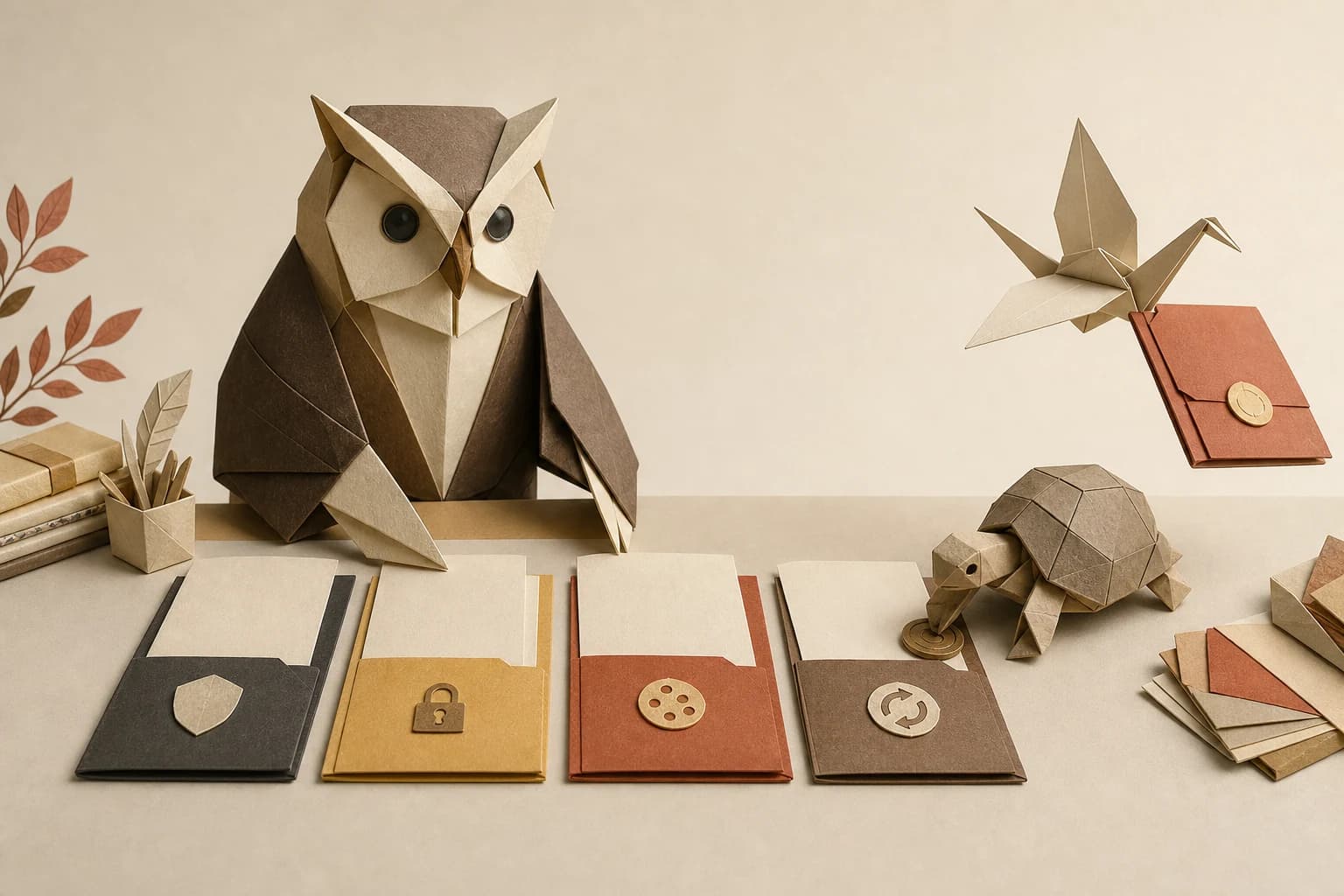 Origami owl, tortoise, and crane carefully organizing policy documents