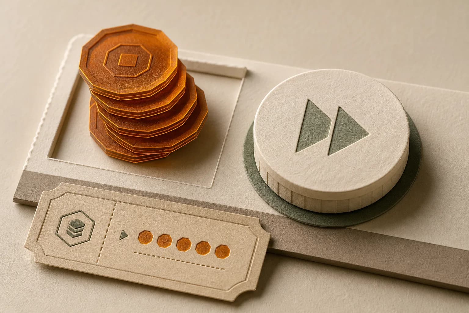 A paper run control beside a precise stack of credit tokens