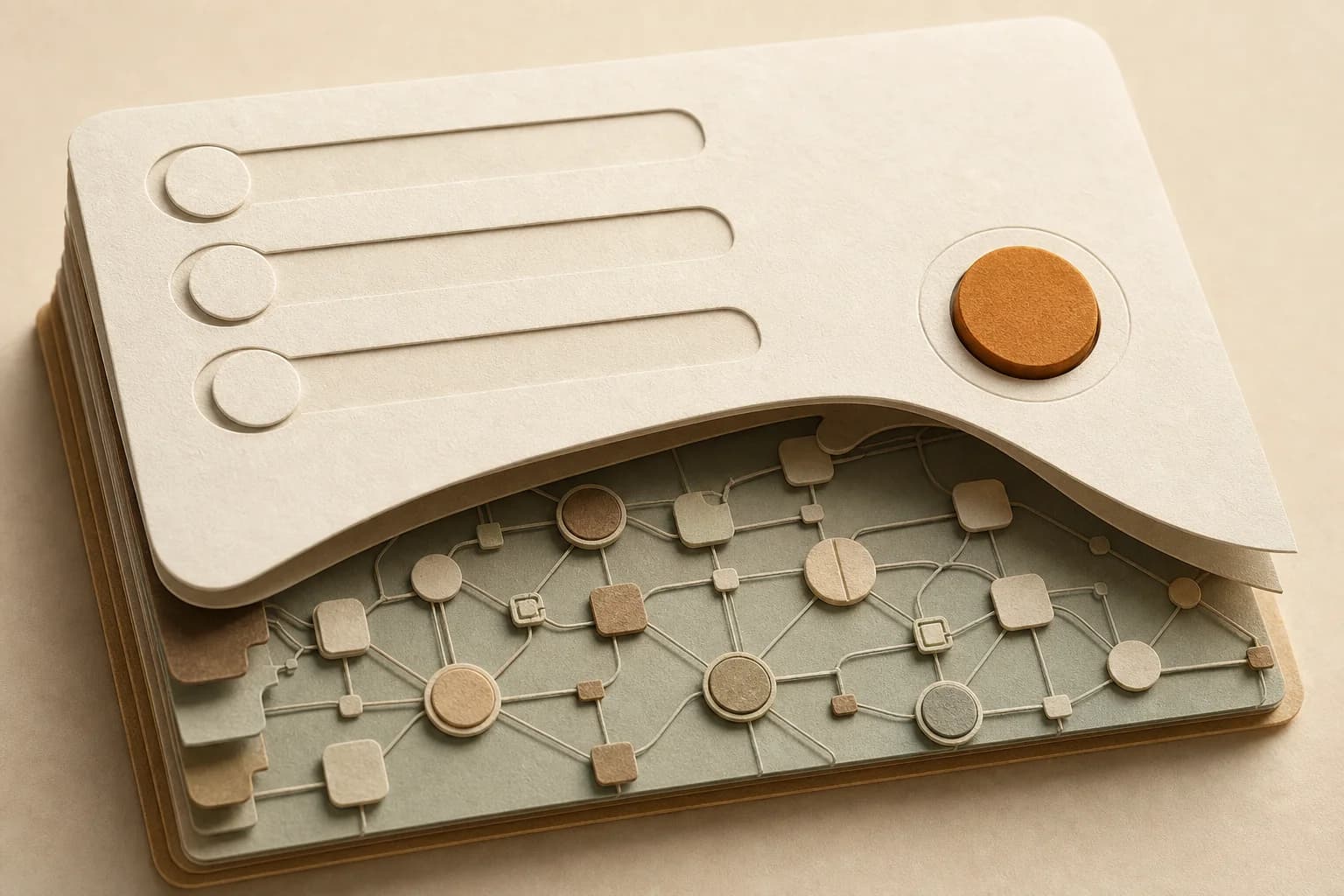 A simple paper form folded over a complex workflow map