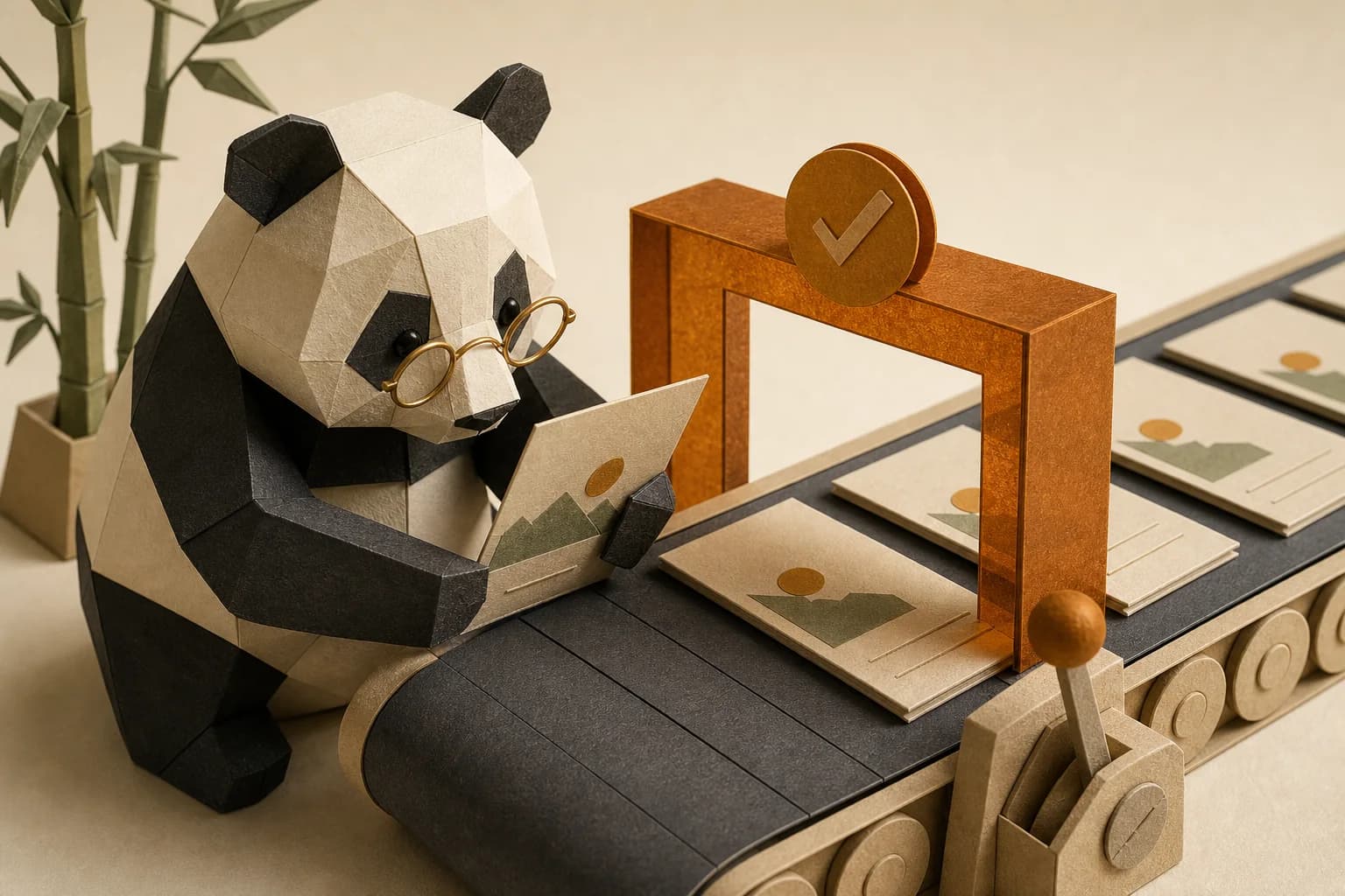 An origami panda reviewing campaign cards at an approval gate