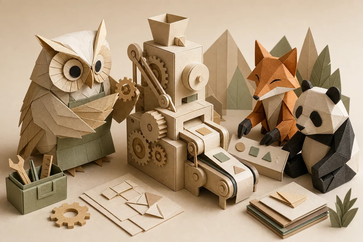 An origami owl builds while a fox and panda run a simple control