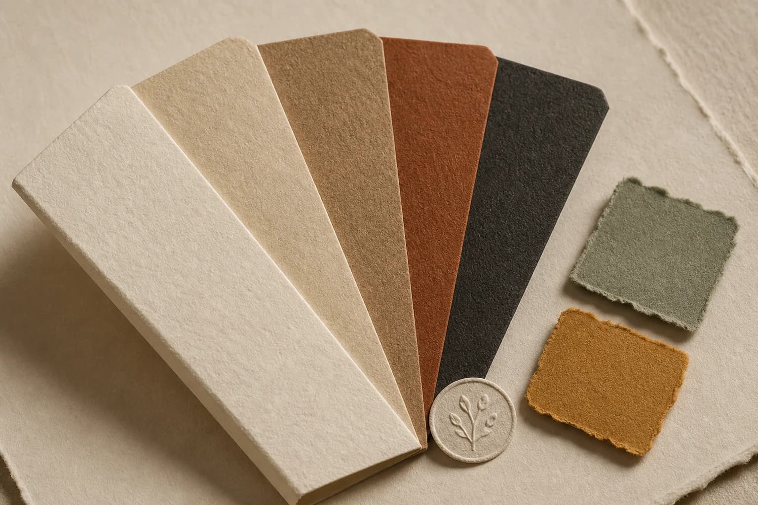 A fan of tactile paper color swatches and pigment chips