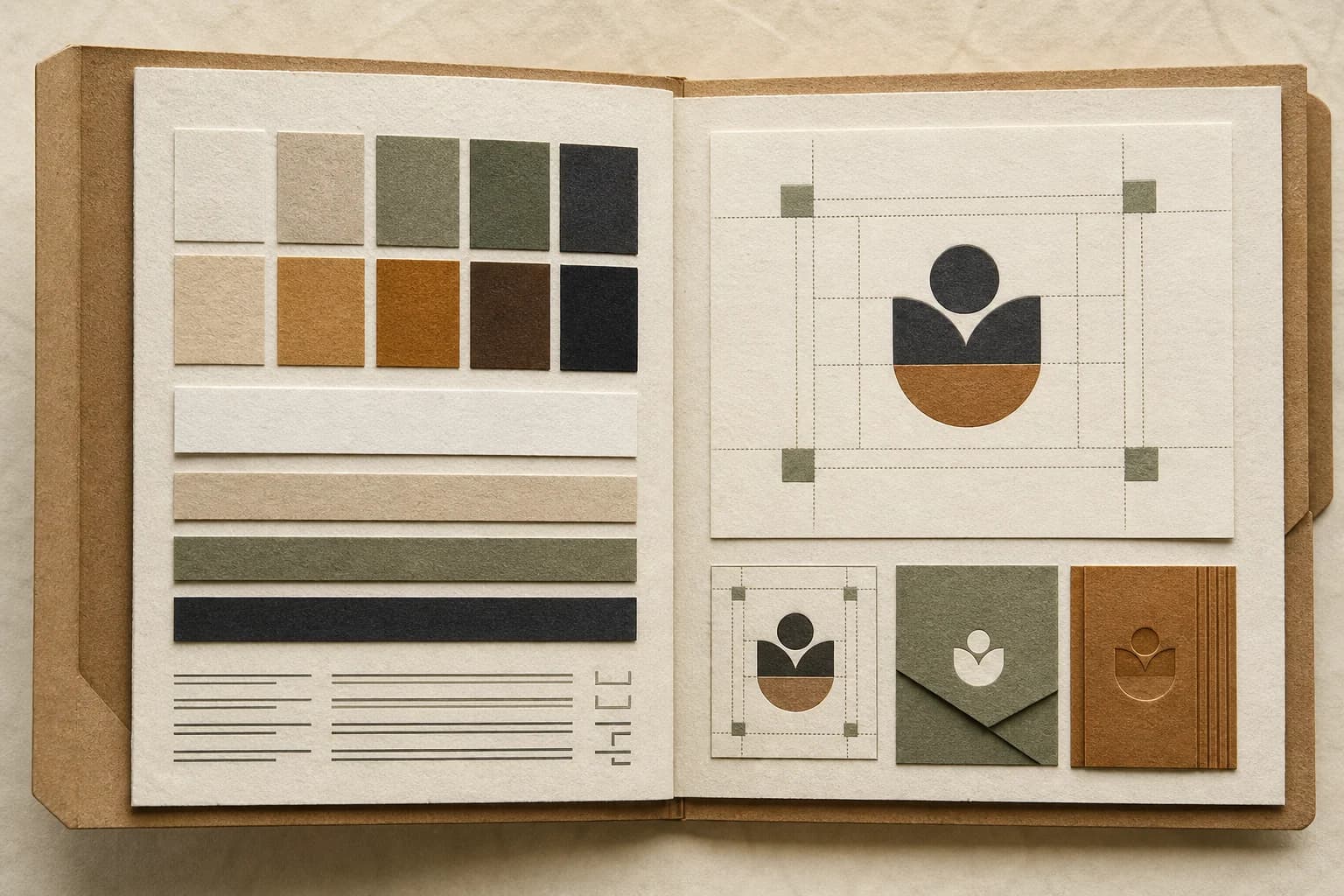 An open paper brand guidelines folio with identity specifications