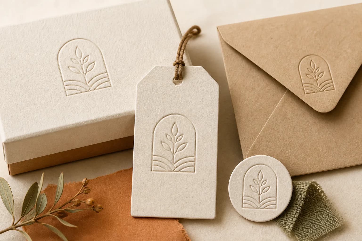 An embossed emblem applied consistently to packaging and stationery