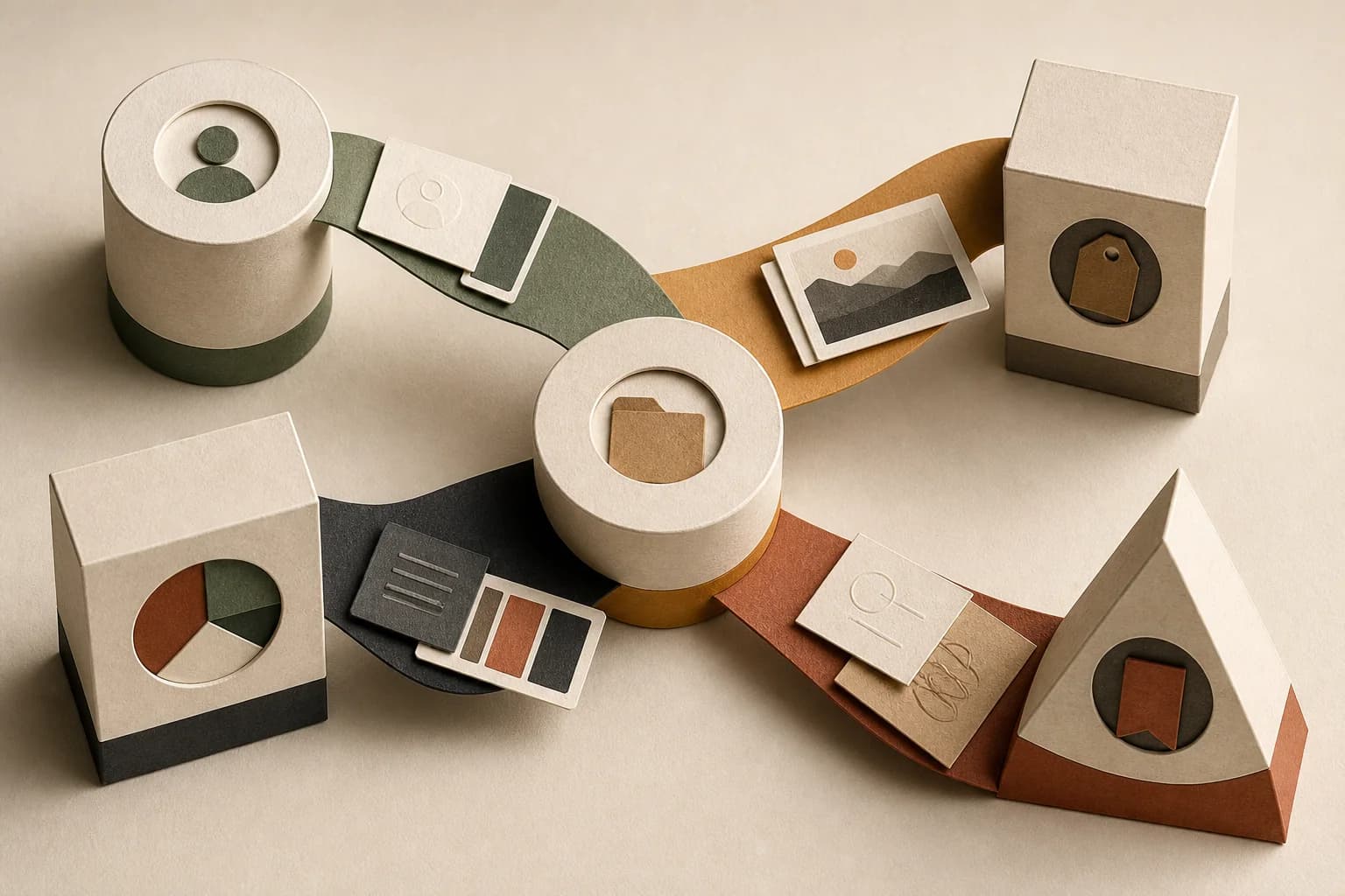 Paper ribbons carrying brand, brief, and media context between workflow nodes