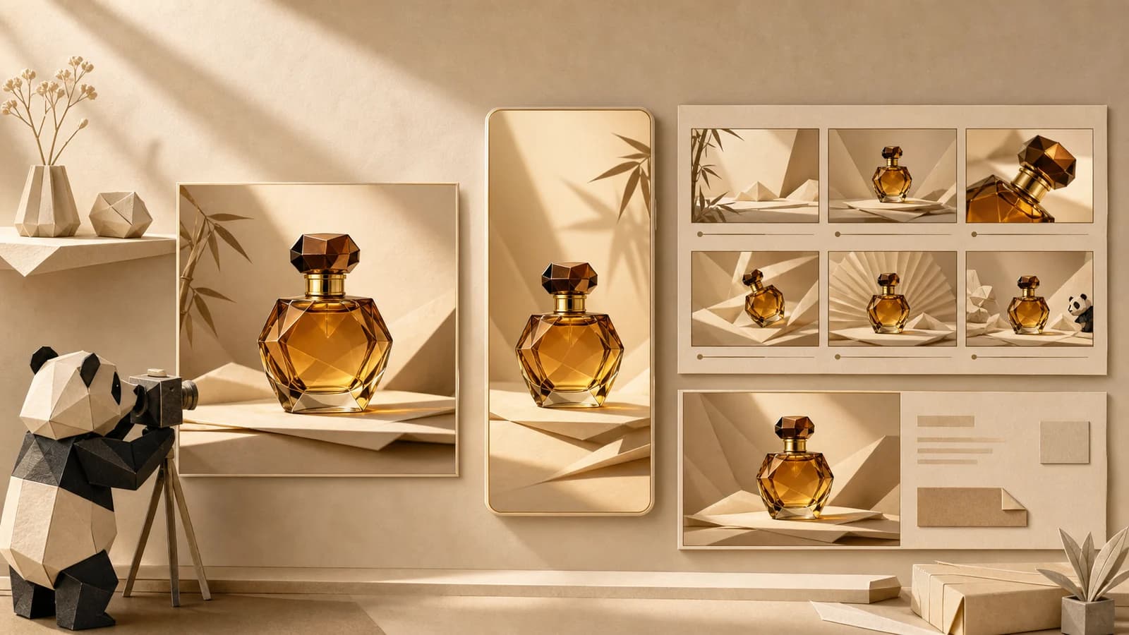 One amber perfume bottle presented across a coordinated ecommerce video campaign and product gallery