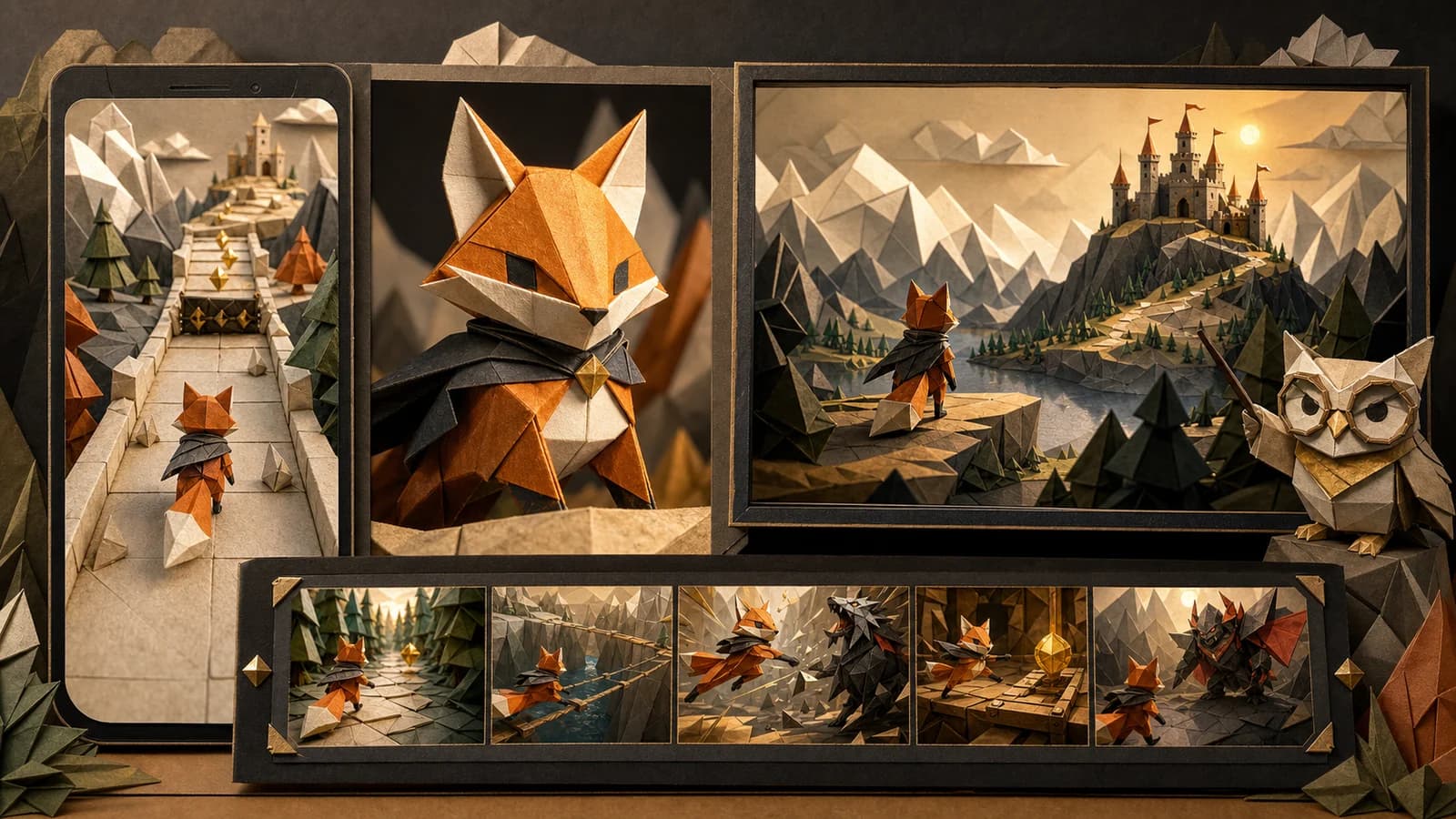One origami fox game hero shown consistently across gameplay, character, trailer and teaser formats
