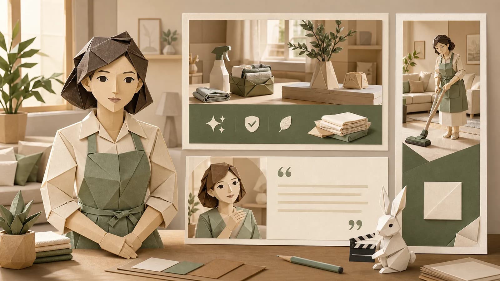 A home-cleaning service presented as a coordinated spokesperson, testimonial, offer and booking campaign