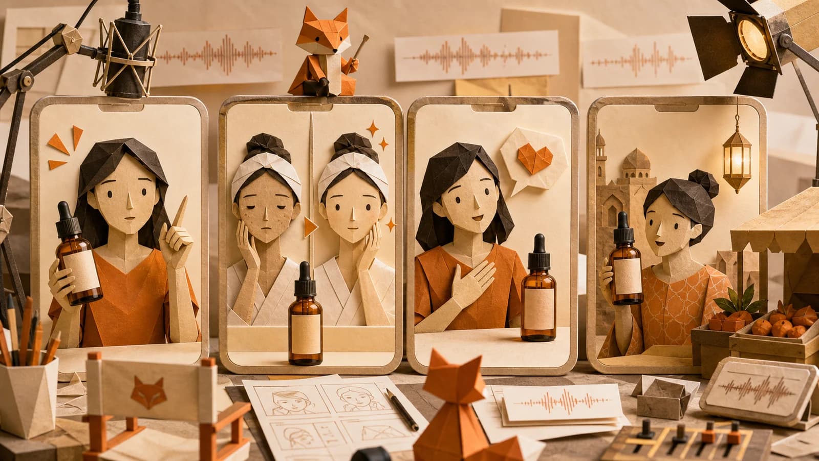 One skincare campaign shown as four coordinated UGC-style ad hooks in a folded-paper production studio