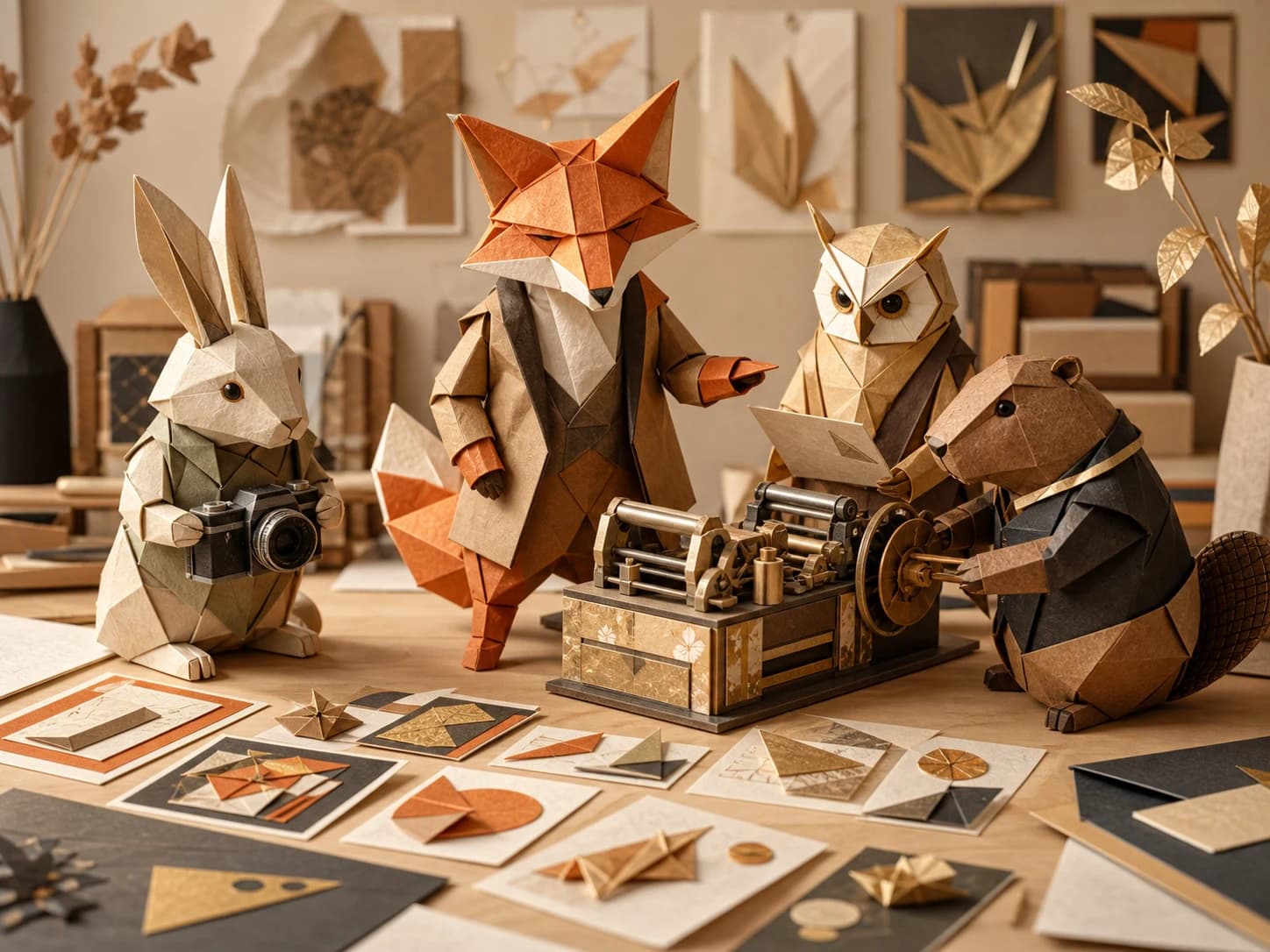 Experienced origami creative crew building a production machine