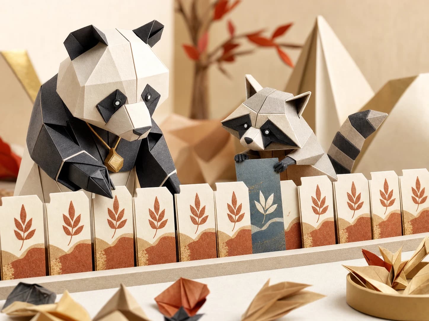 Origami panda correcting one off-brand card in a consistent campaign set