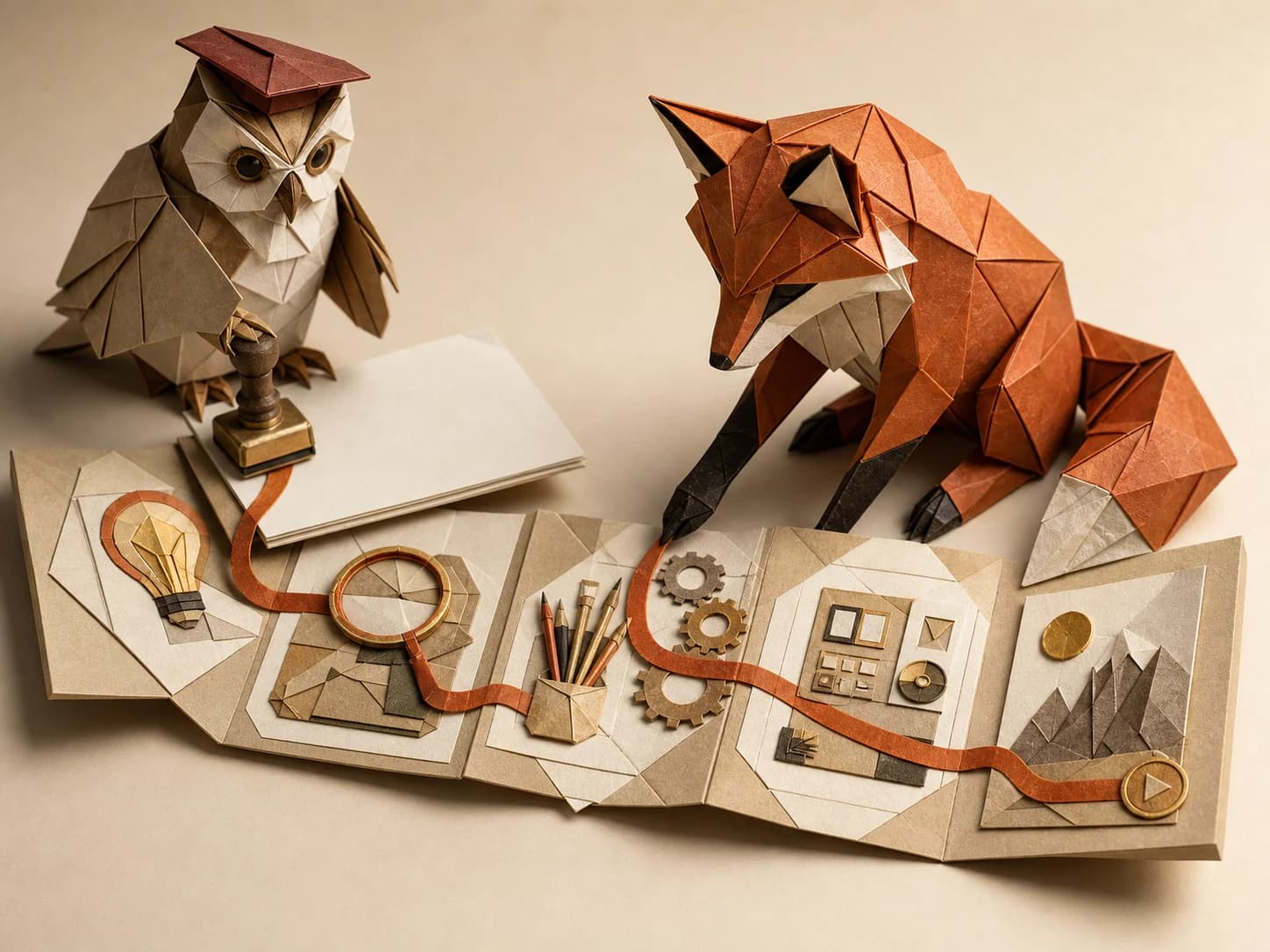 Origami owl and fox inspecting a transparent creative recipe