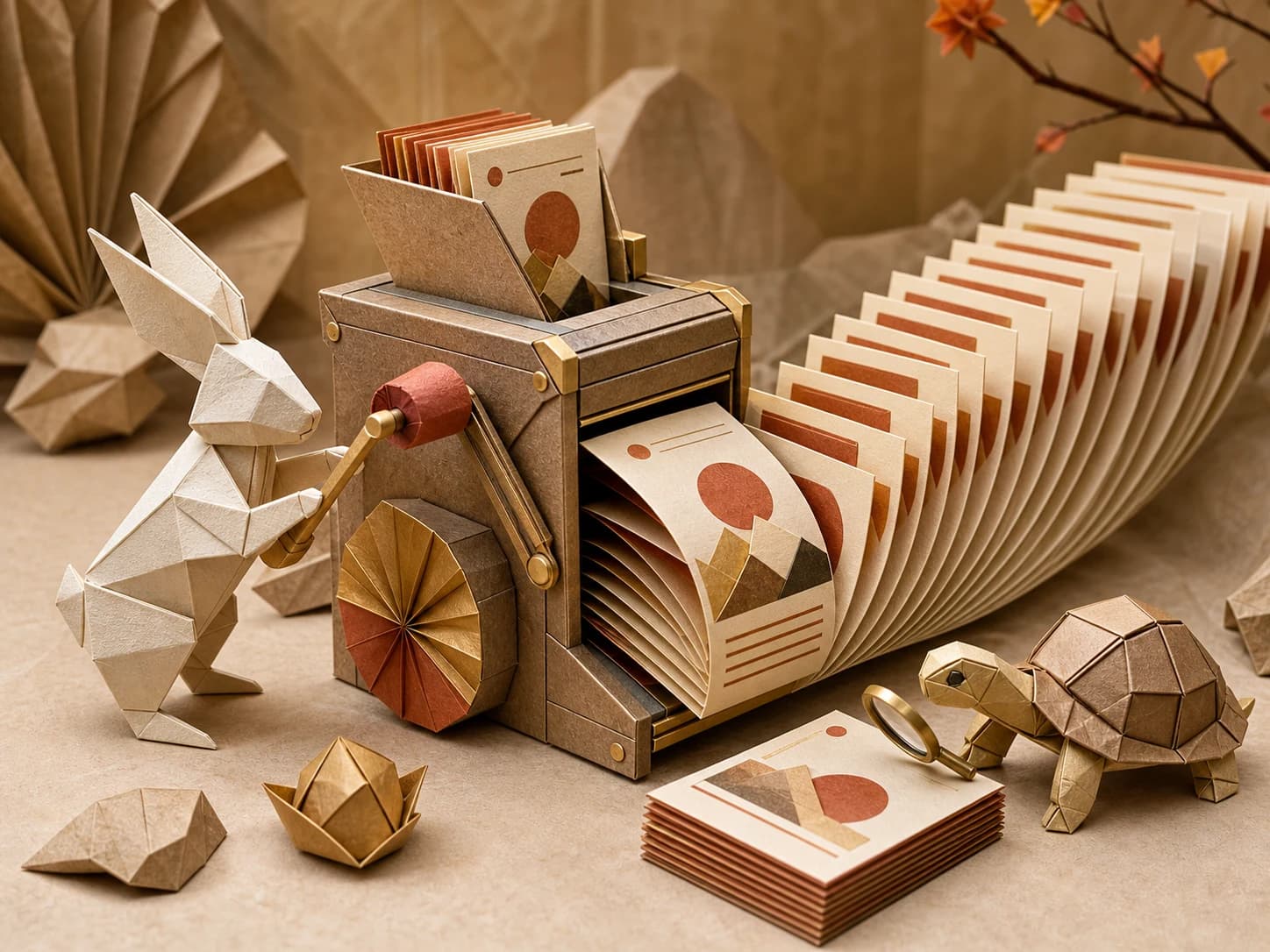 Origami rabbit producing coordinated campaign variants through one rerun