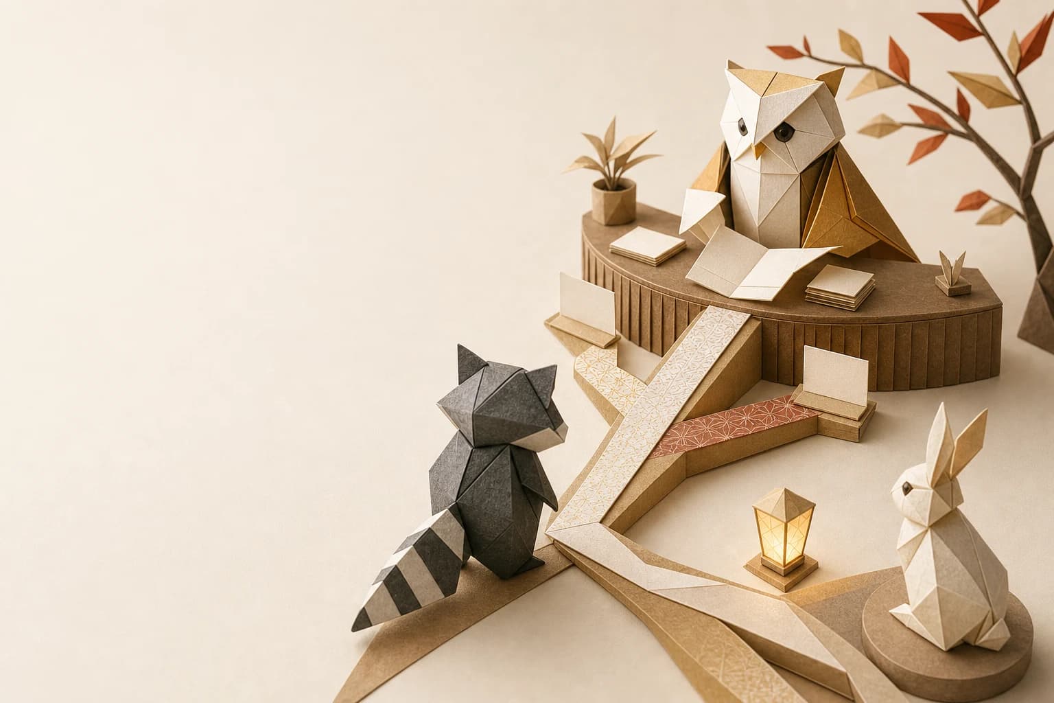 Origami raccoon and rabbit following clear paths to an owl help desk