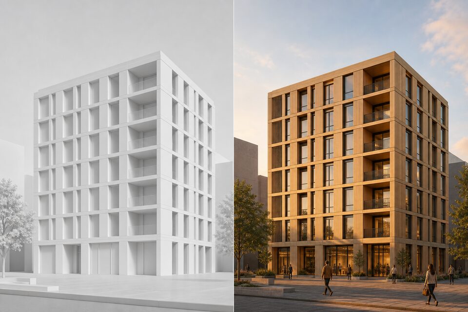 Massing model next to its finished render